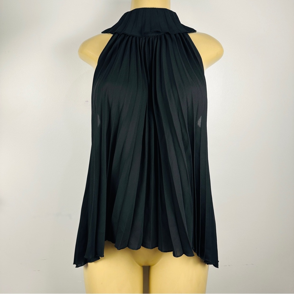 Zara Pleated High Neck Sleeveless Chiffon Top Sz M Black Swing Loose Shirt NWT